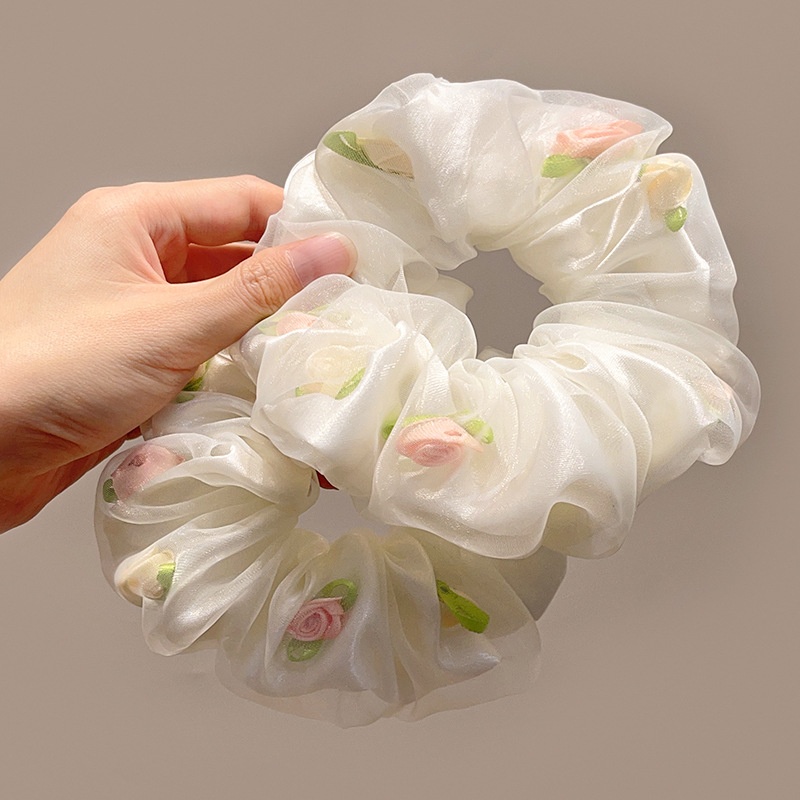 Women's Spring Summer Gauze Floral Hair Tie Rubber Band White