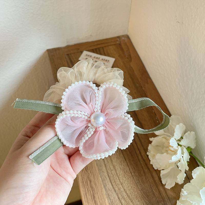Women's Summer Mesh Pearl Bowknot Hair Tie Sweet Pink White Floral