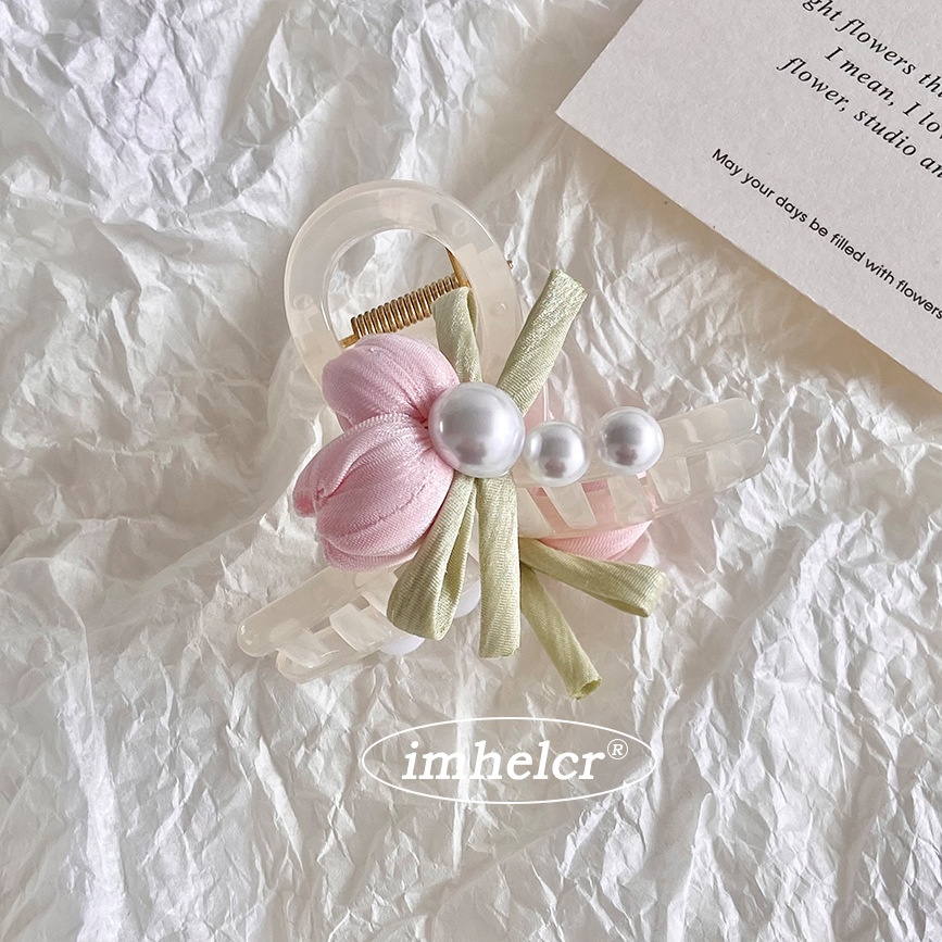 Women's Spring Pearl Inlay Cloth Hair Tie Sweet Tulip Flower
