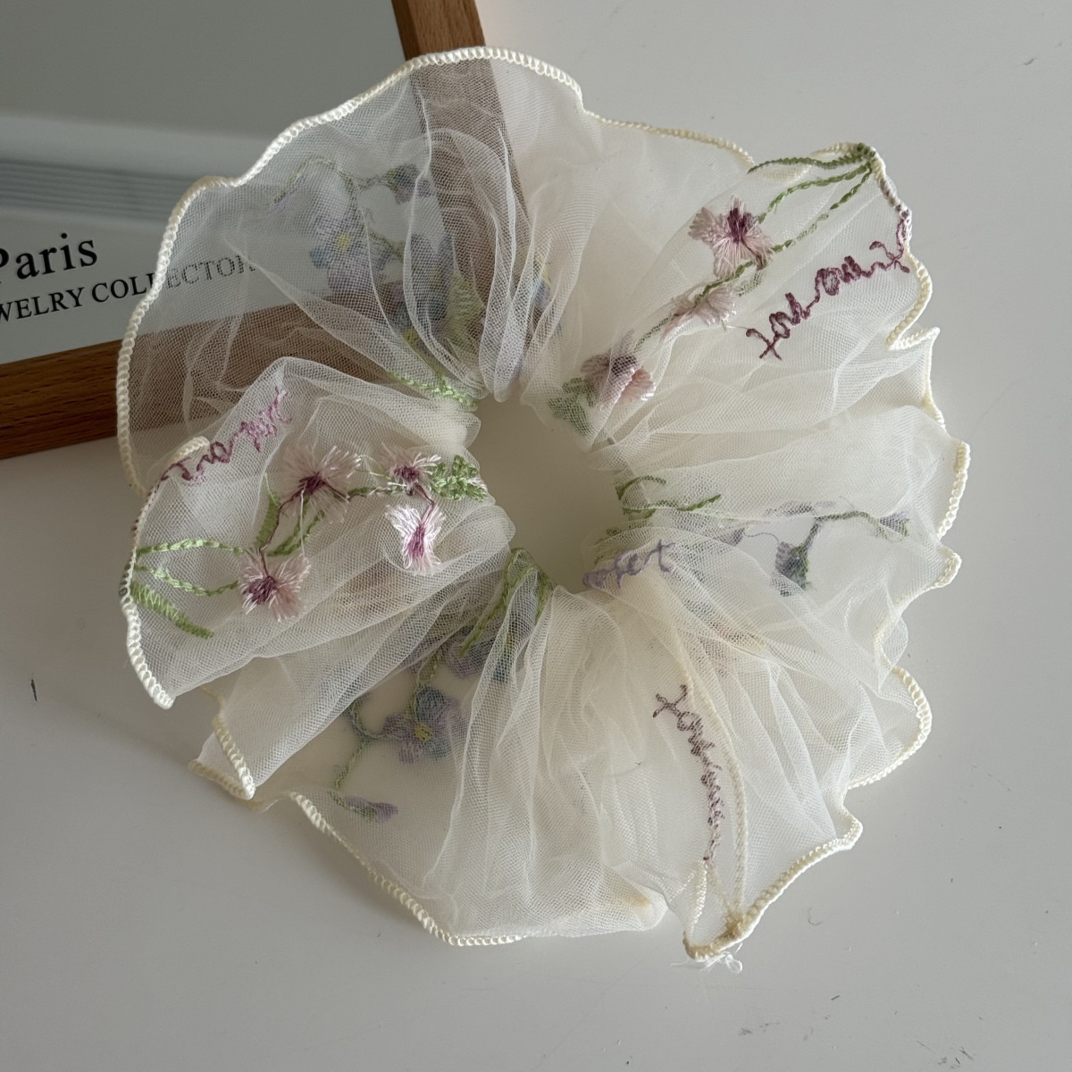 Women Gentle Fairy Mesh Hair Scrunchie Embroidered Floral Pleated