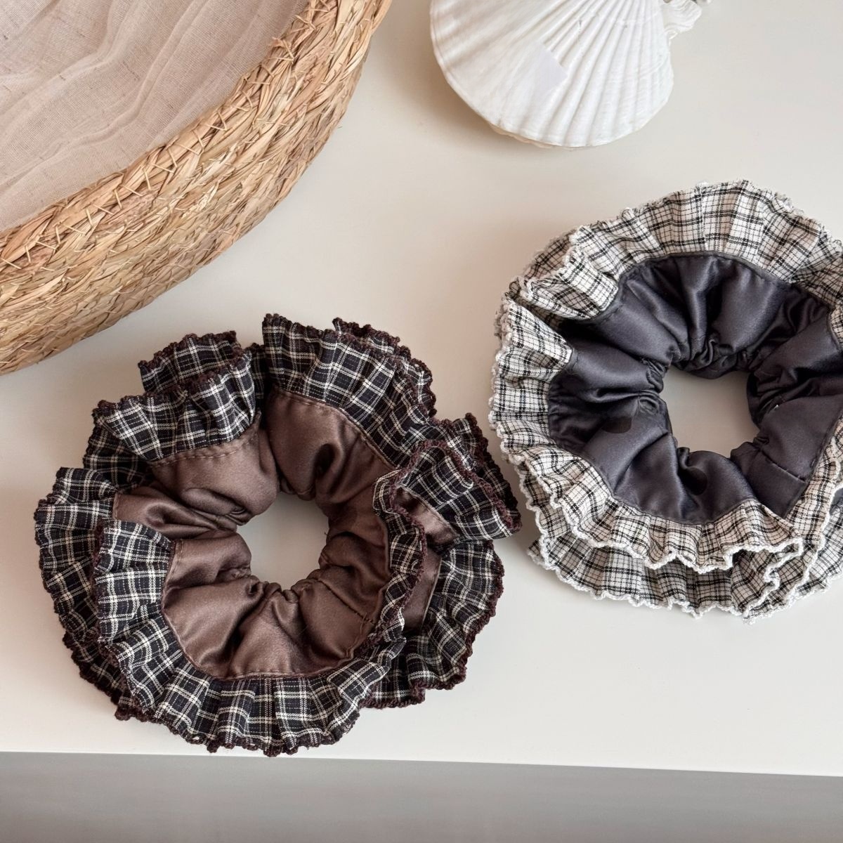 Women's Preppy Cloth Hair Tie For Daily Styling Coffee Grey Plaid