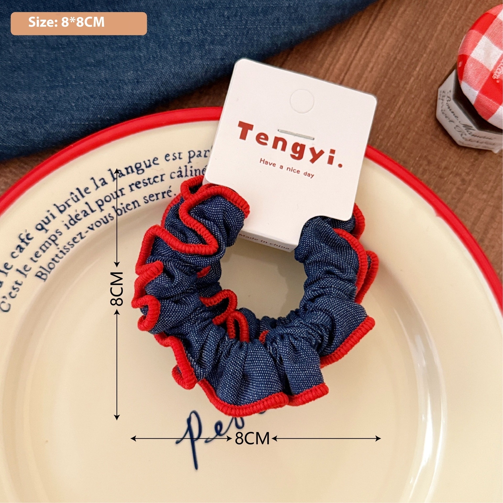 Girls Sweet Lace Trim Denim Ponytail Hair Ties Versatile Blue Cartoon Cloth