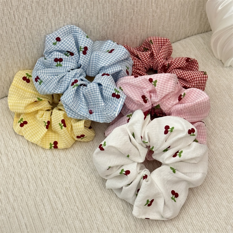 Women's All-Season Stylish Cloth Hair Scrunchies Cherry Checkered