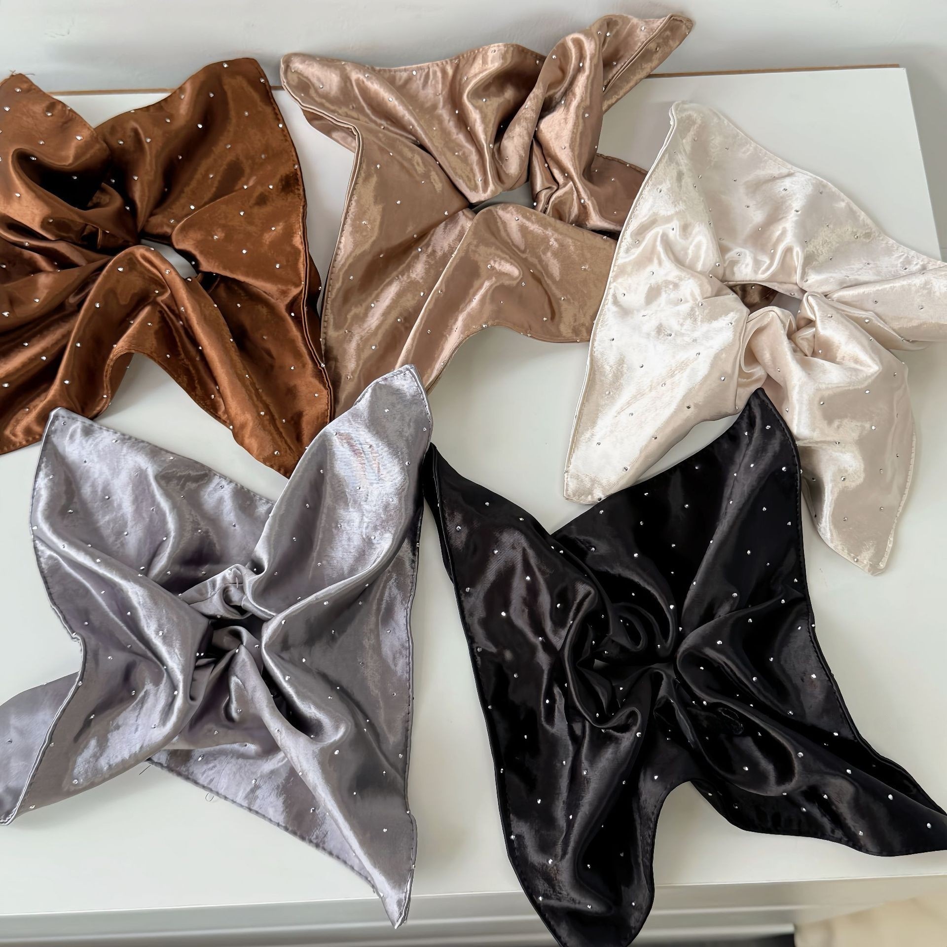 Women's Elegant Rhinestone Inlay Satin Hair Tie Scrunchie Beige