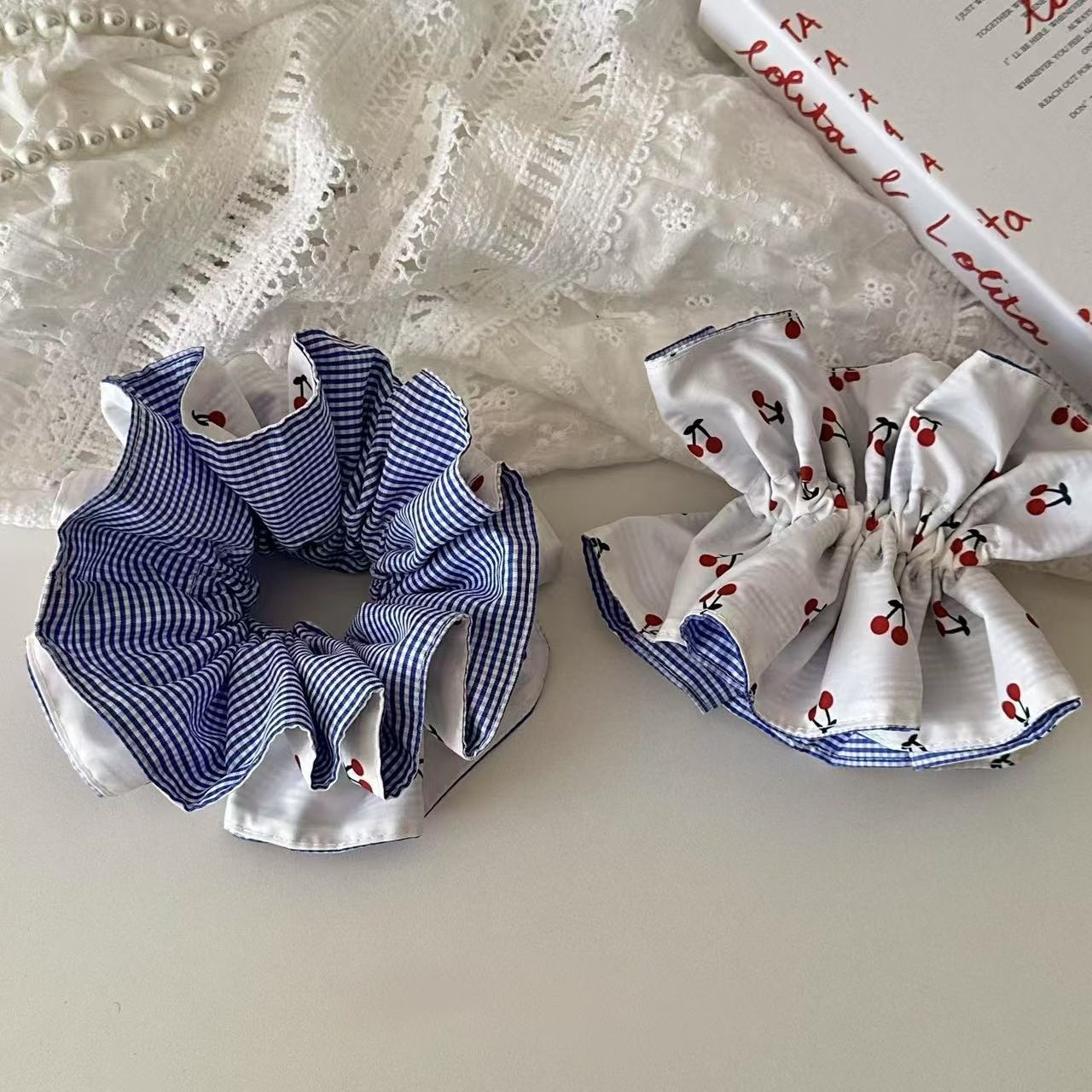 Women's Ballet Lace Hair Scrunchie Blue White Plaid Cherry Print