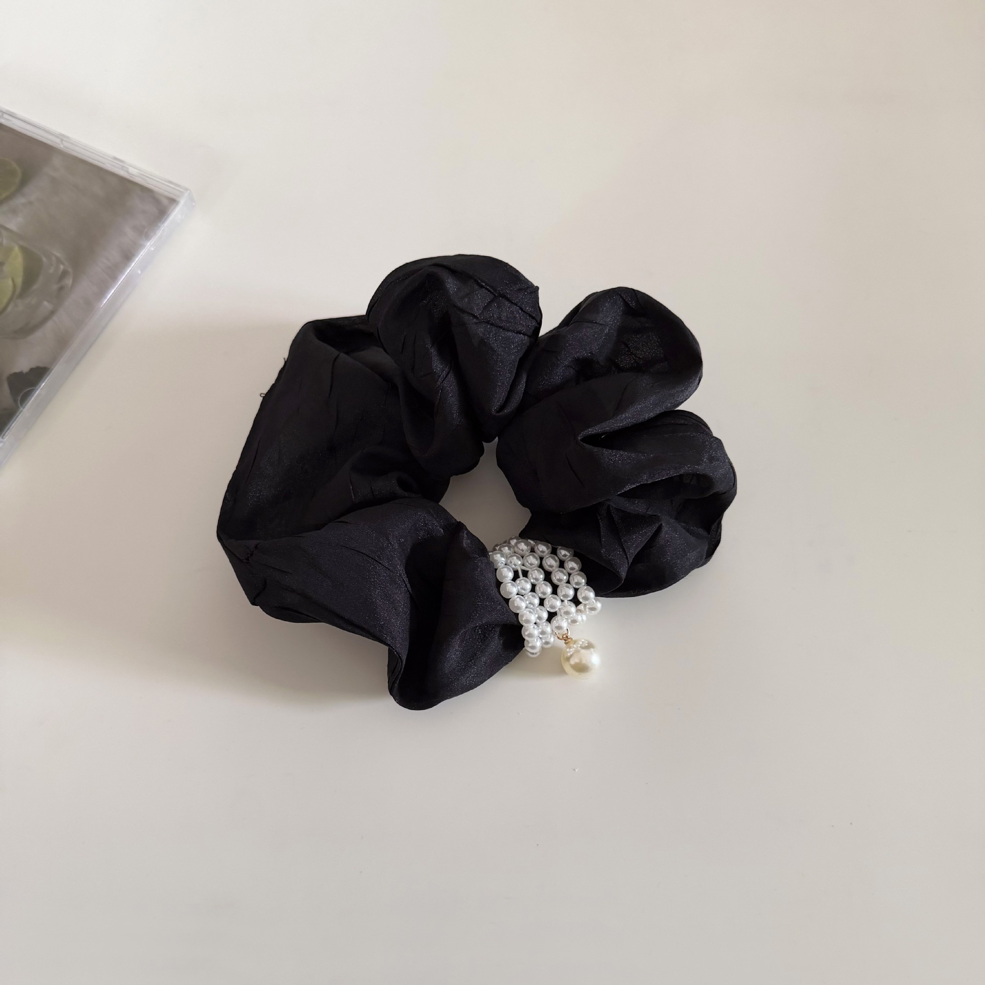 Women's French Soft Gauze Hair Tie For Daily Wear Black Pearl