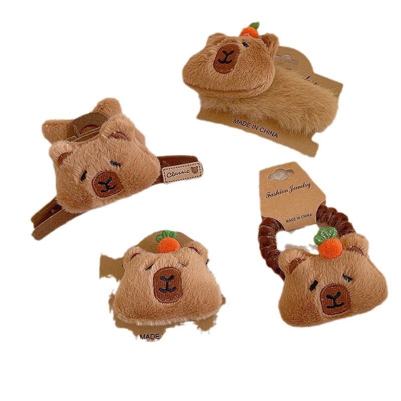 Women's Plush Rabbit Fur Hair Clip Ponytail Holder Cute Capybara Pattern