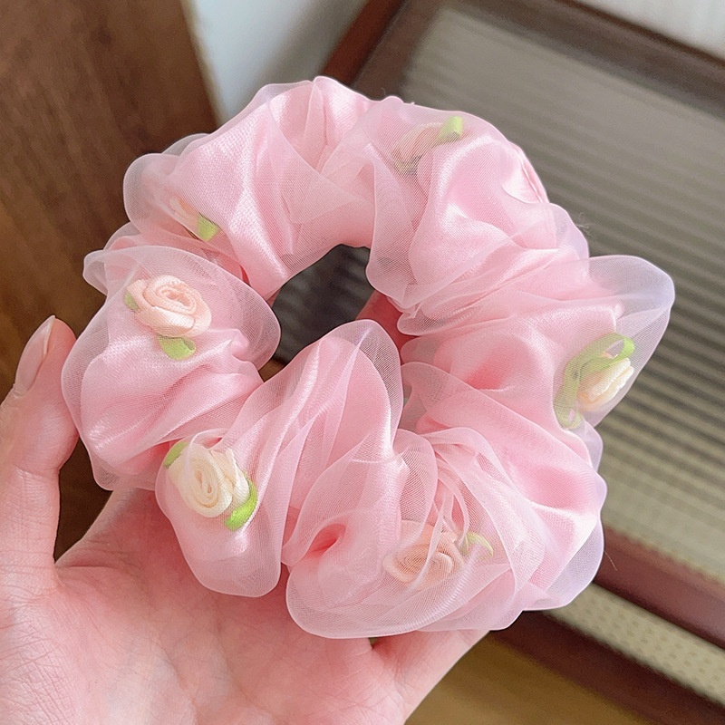 Women's Spring Summer Gauze Floral Hair Tie Rubber Band White