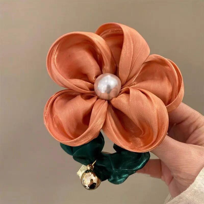 Women's High Elastic Pearl Telephone Cord Hair Tie Holiday Floral Scrunchie