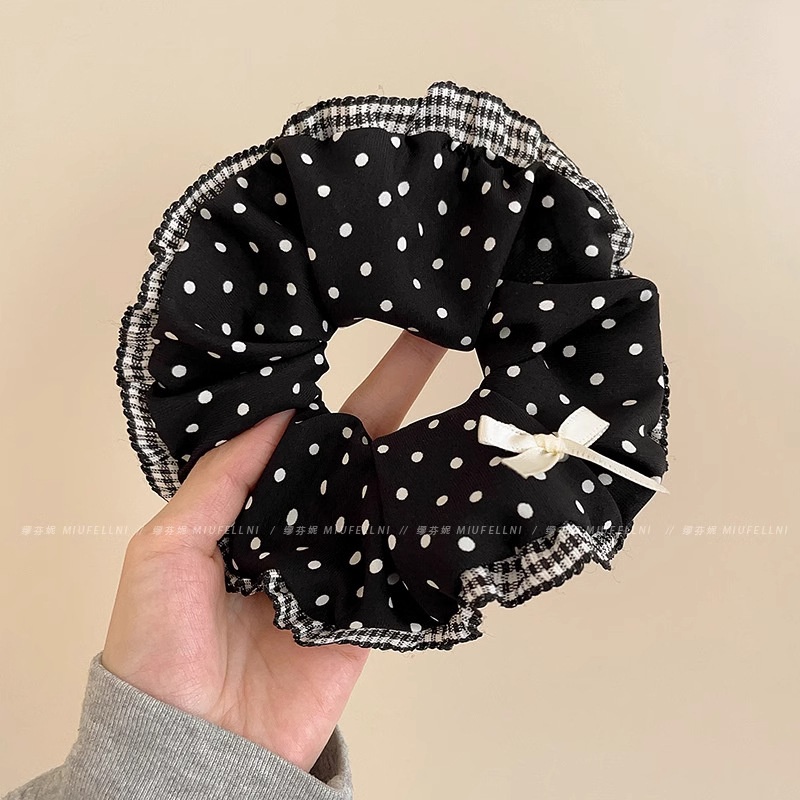 Women Spring Summer Cloth Hair Scrunchie Tie Romantic Polka Dot Lace