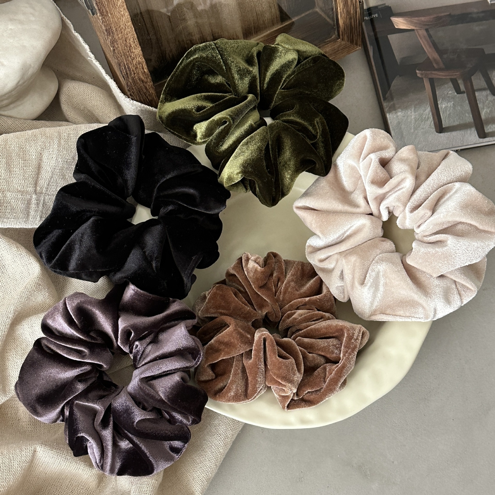 Women Large Velvet Scrunchie Soft Oversized Hair Tie Dark Solid Color
