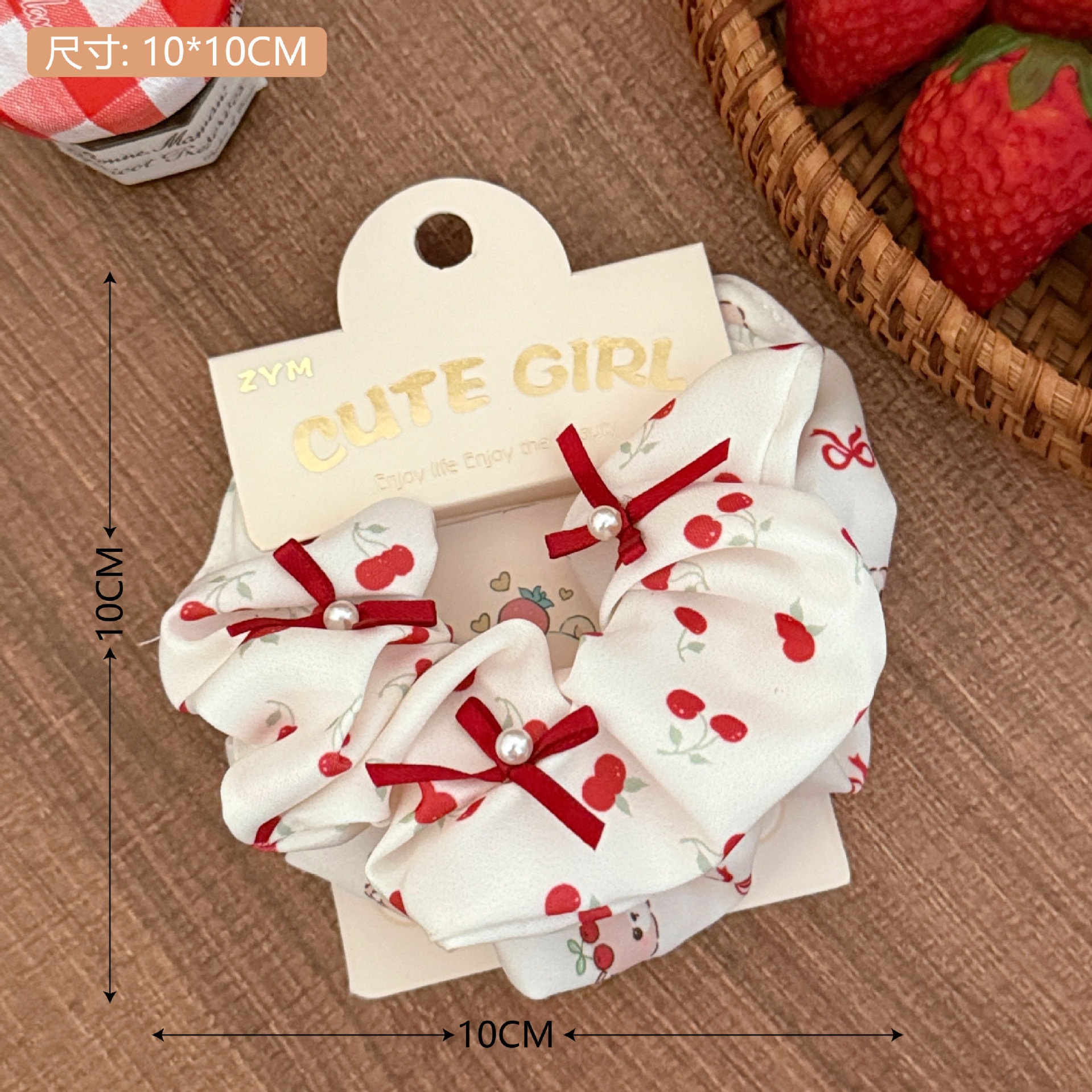 Girls Sweet Cloth Scrunchie Long Ribbon Bow Red Cherry Pattern
