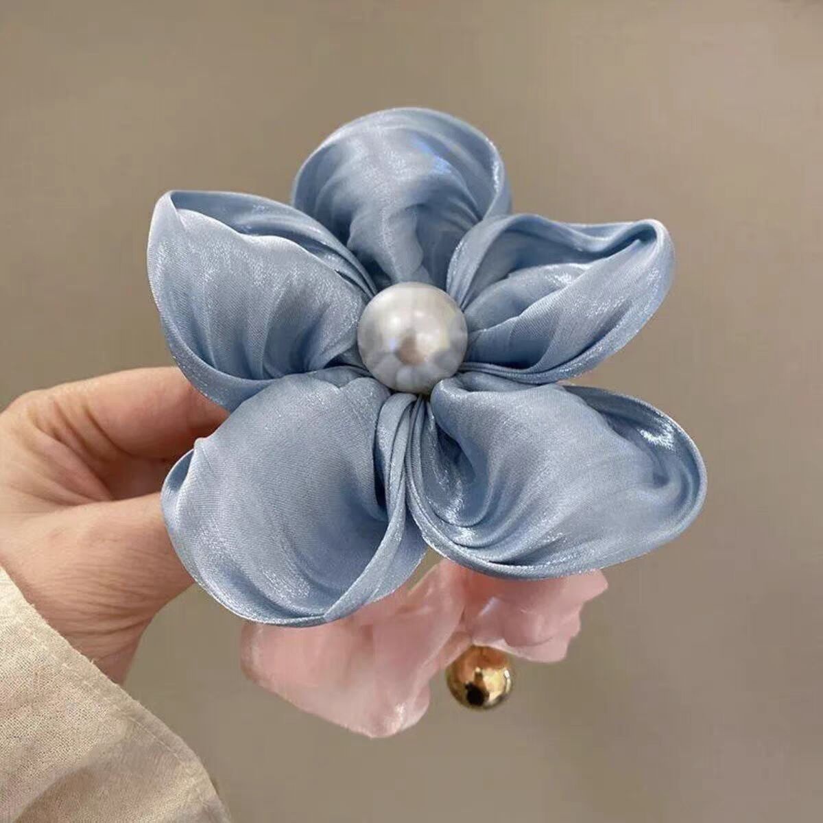 Women's High Elastic Pearl Telephone Cord Hair Tie Holiday Floral Scrunchie