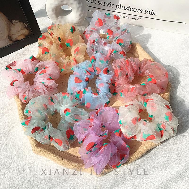 Women's Summer Gauze Hair Scrunchies Retro Strawberry Multicolor