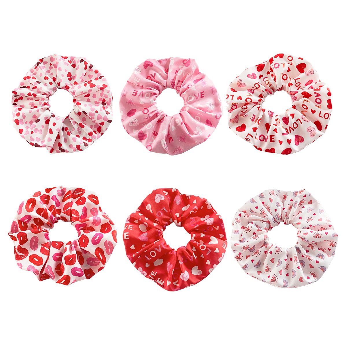 Women's Cloth Elastic Ponytail Hair Tie Red Pink Heart Lip Print