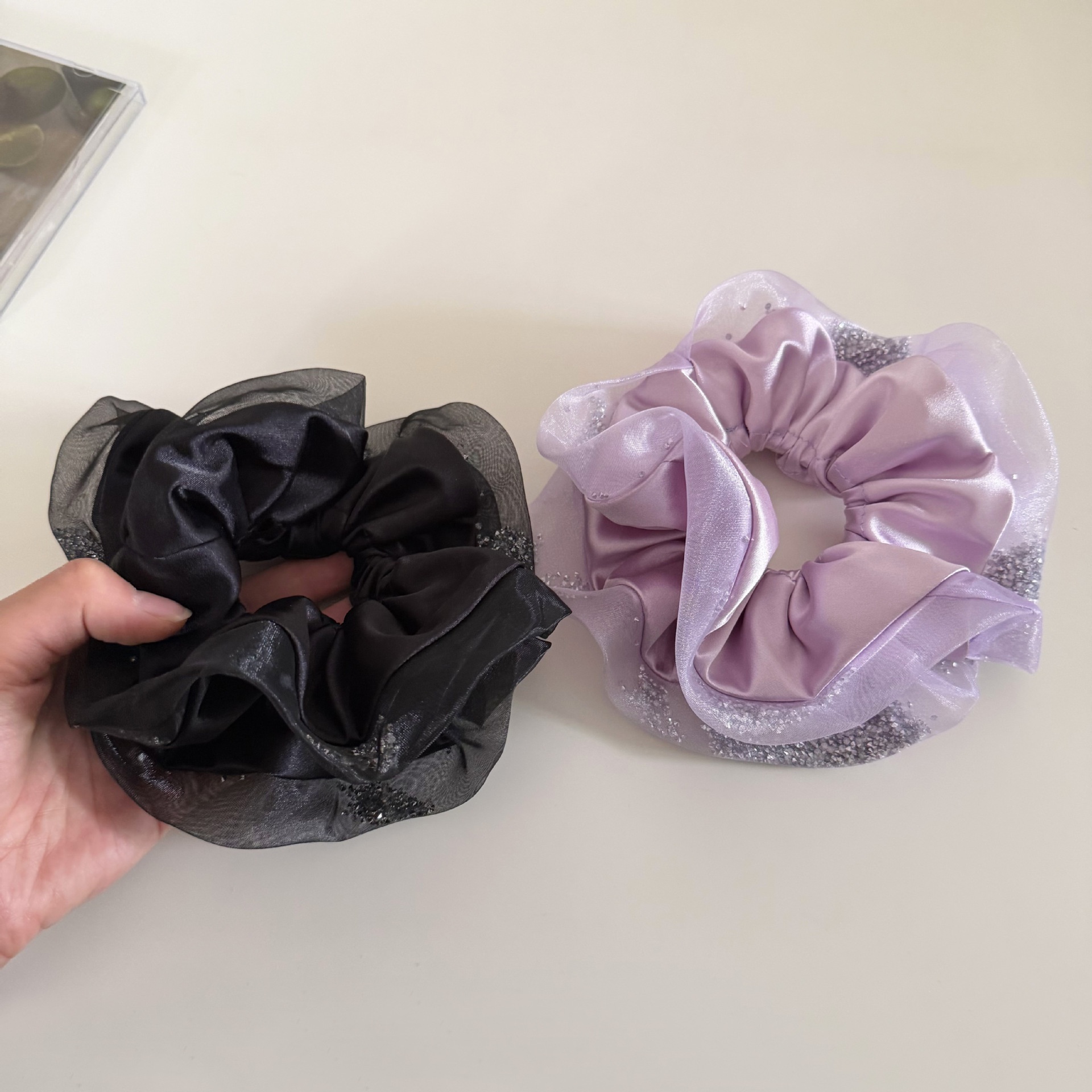 Women's French Style Rhinestone Gauze Party Hair Tie Purple Black