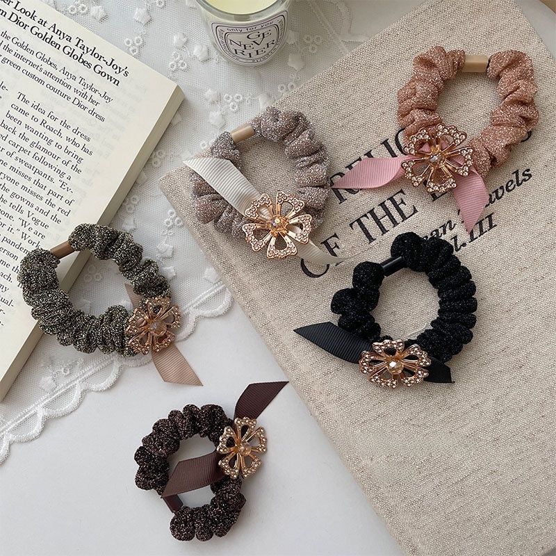 Women's Autumn Cloth Hair Tie Black Rhinestone Four Leaf Clover