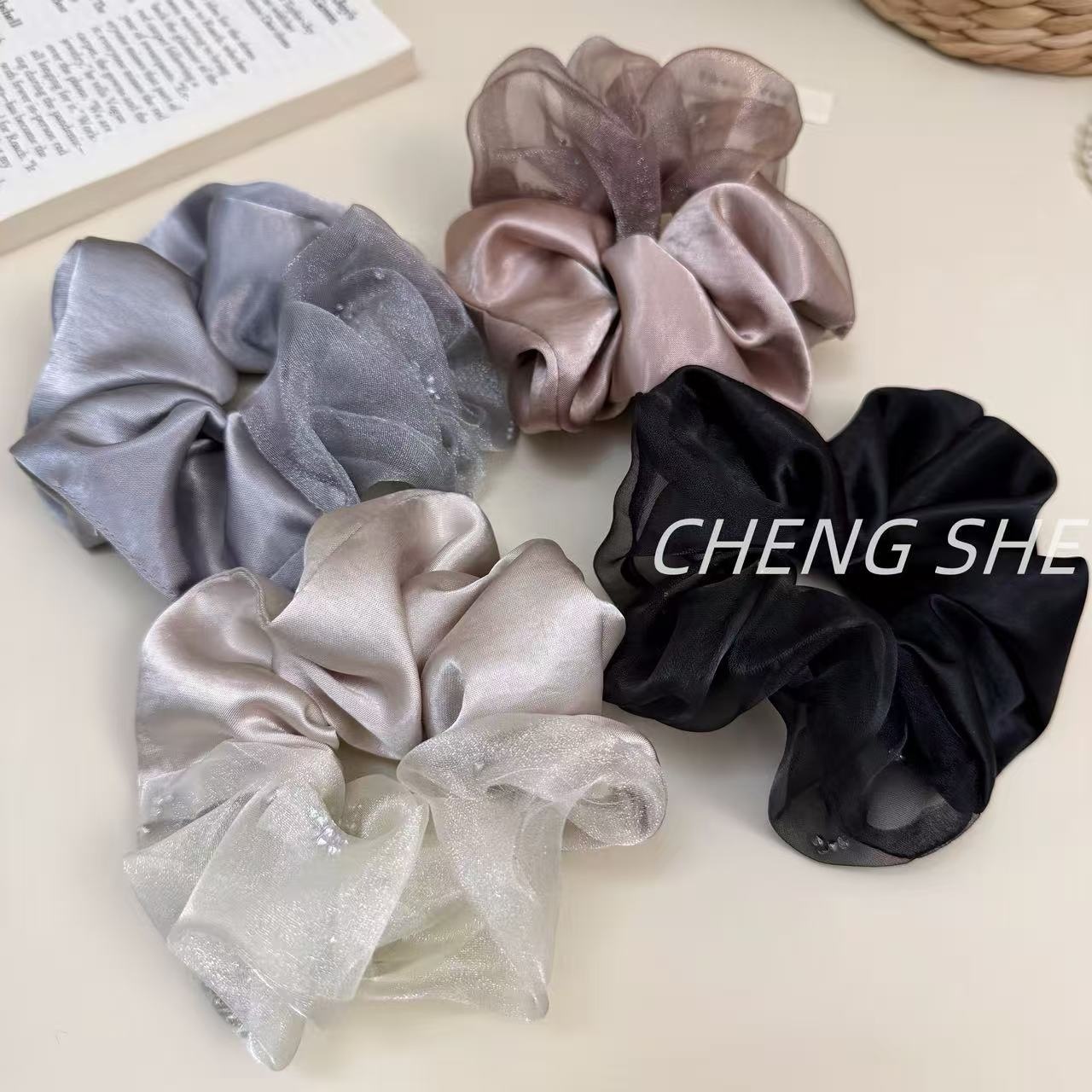 Women's Everyday Satin Gauze Scrunchie Hair Tie Beige Patchwork