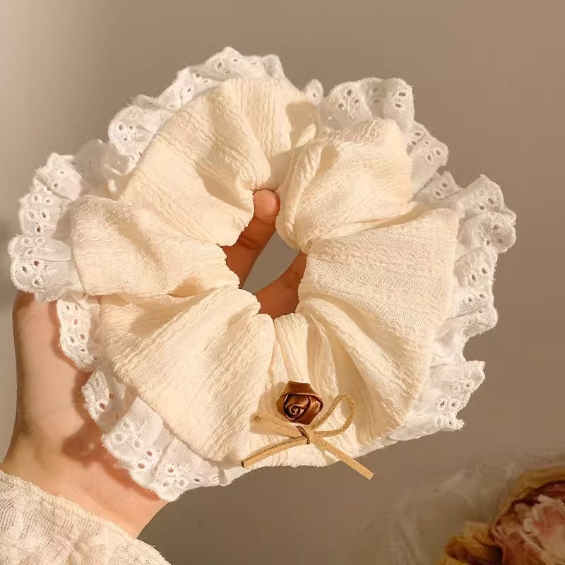 Women Spring Summer Cloth Hair Scrunchie Tie Romantic Polka Dot Lace