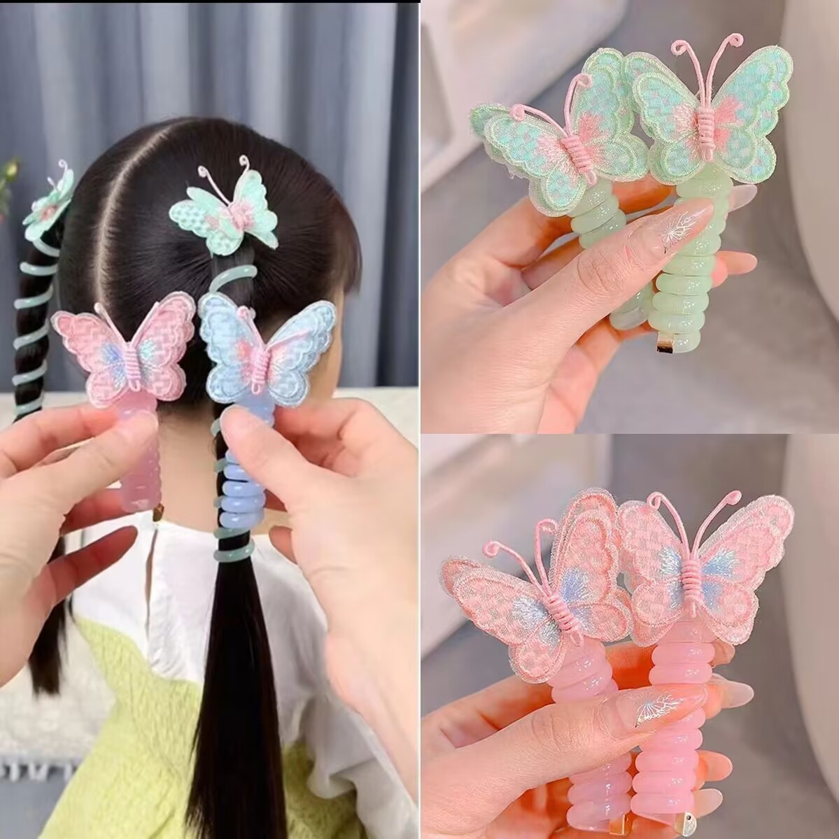 Girls Silicone Telephone Cord Ponytail Hair Rope Sweet Cartoon Butterfly