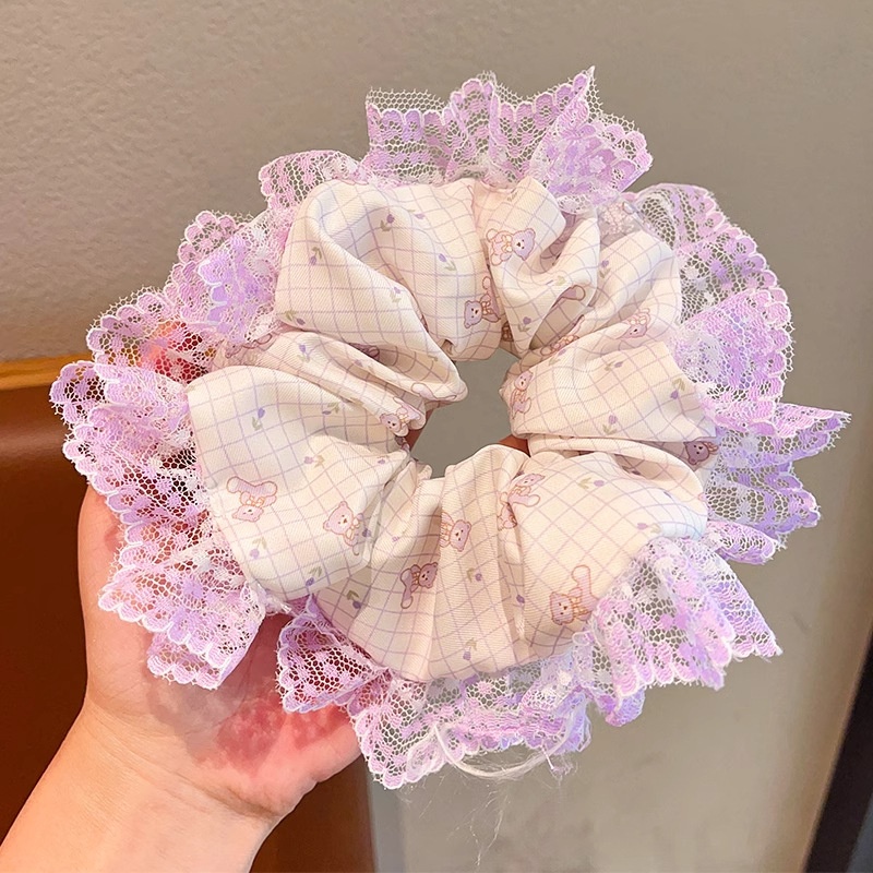 Women Spring Summer Cloth Hair Scrunchie Tie Romantic Polka Dot Lace