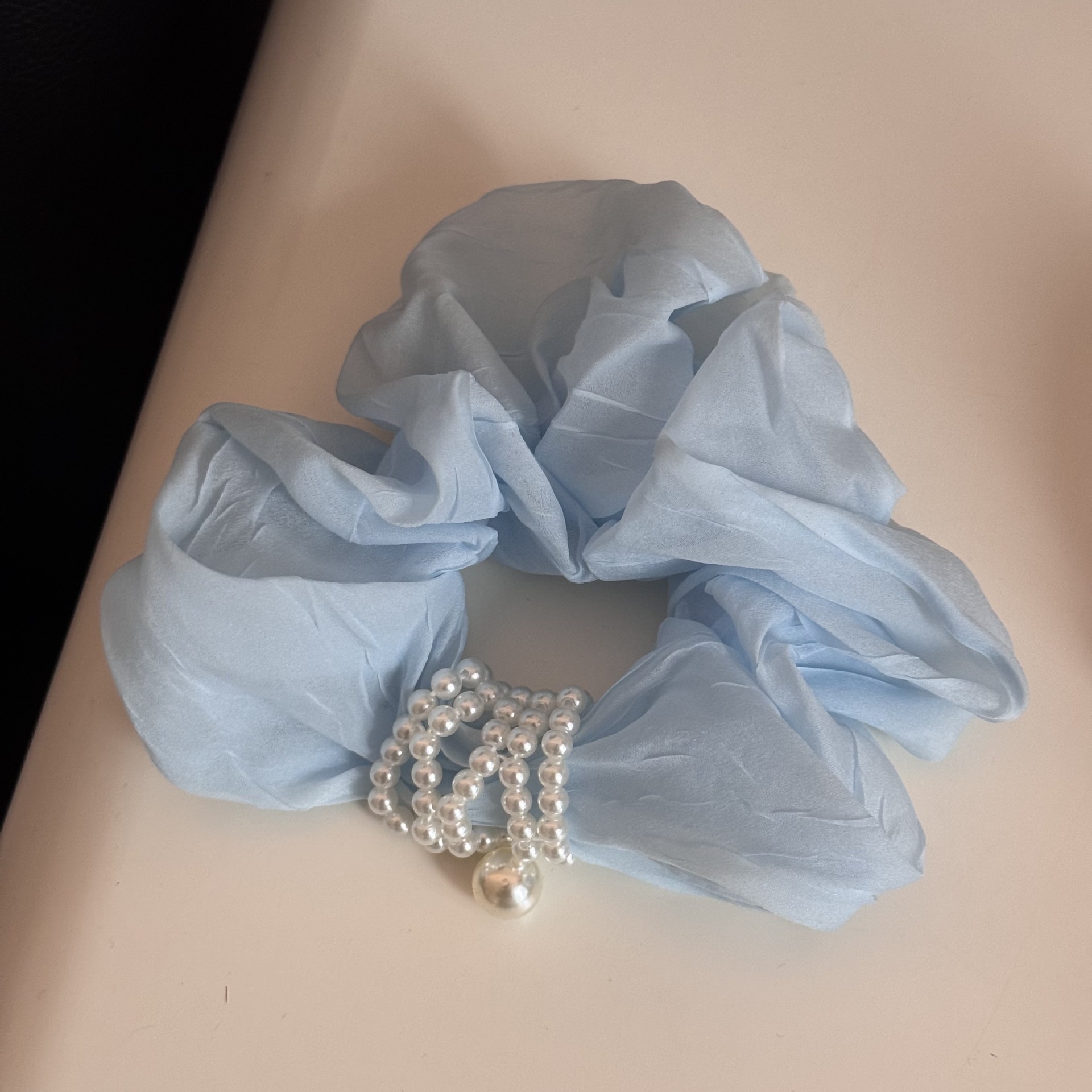 Women's Retro Tulle Pearl Hair Tie Elastic Scrunchie Beige