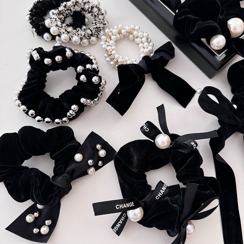 Women French Velvet Hair Scrunchie With Pearl Bow Knot Black