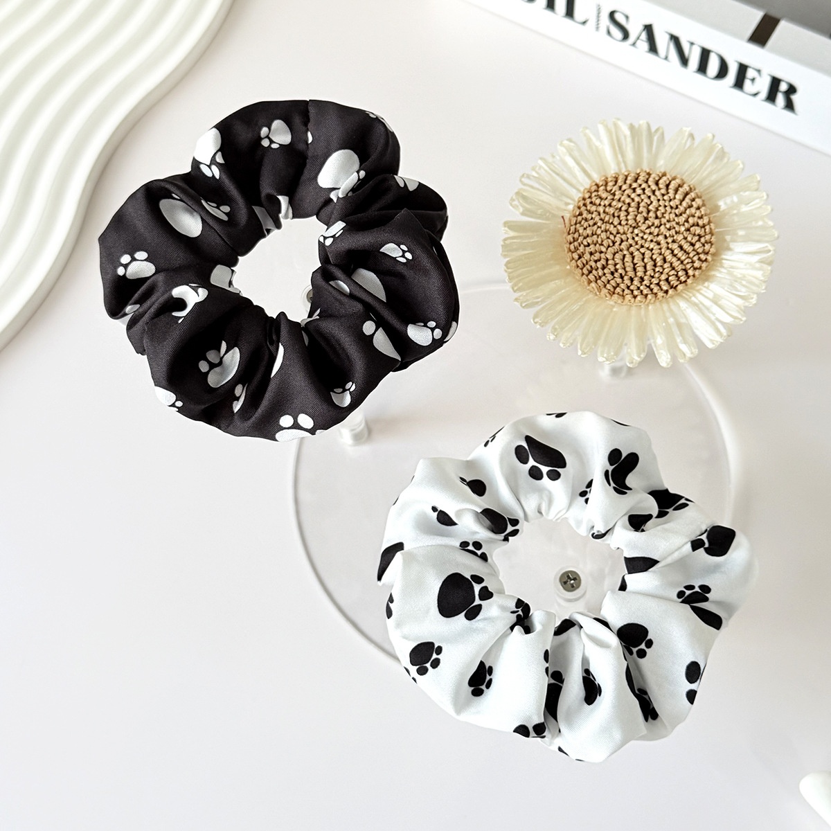 Women's Cute Winter Cloth Hair Tie Accessory Black White Paw Print