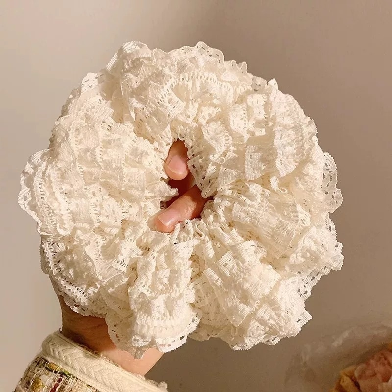 Women Spring Summer Cloth Hair Scrunchie Tie Romantic Polka Dot Lace