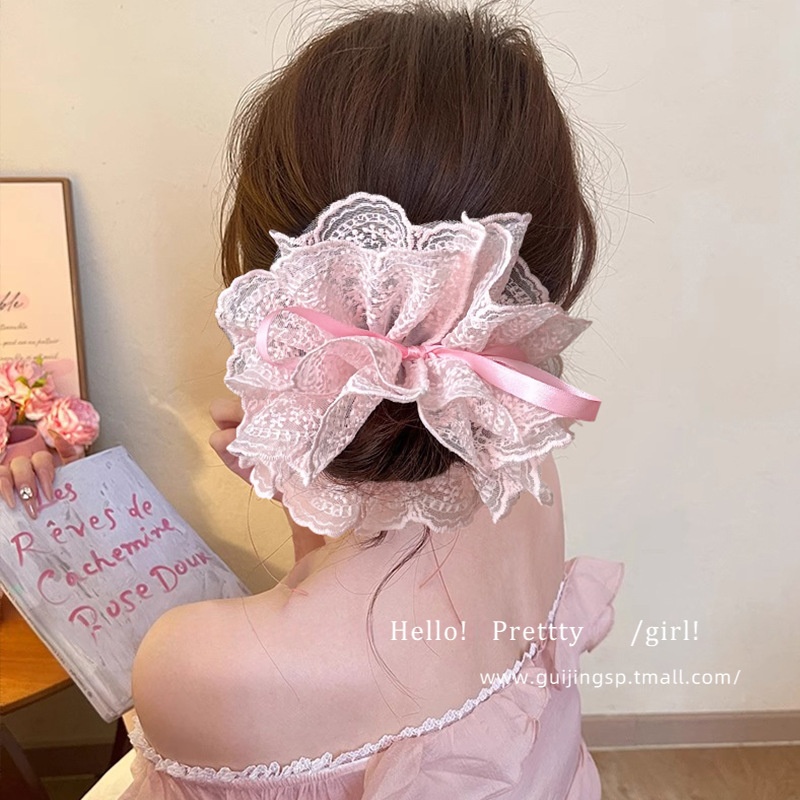 Women's Cloth Drawstring Bun Hair Tie Scrunchie Multi-layer Lace