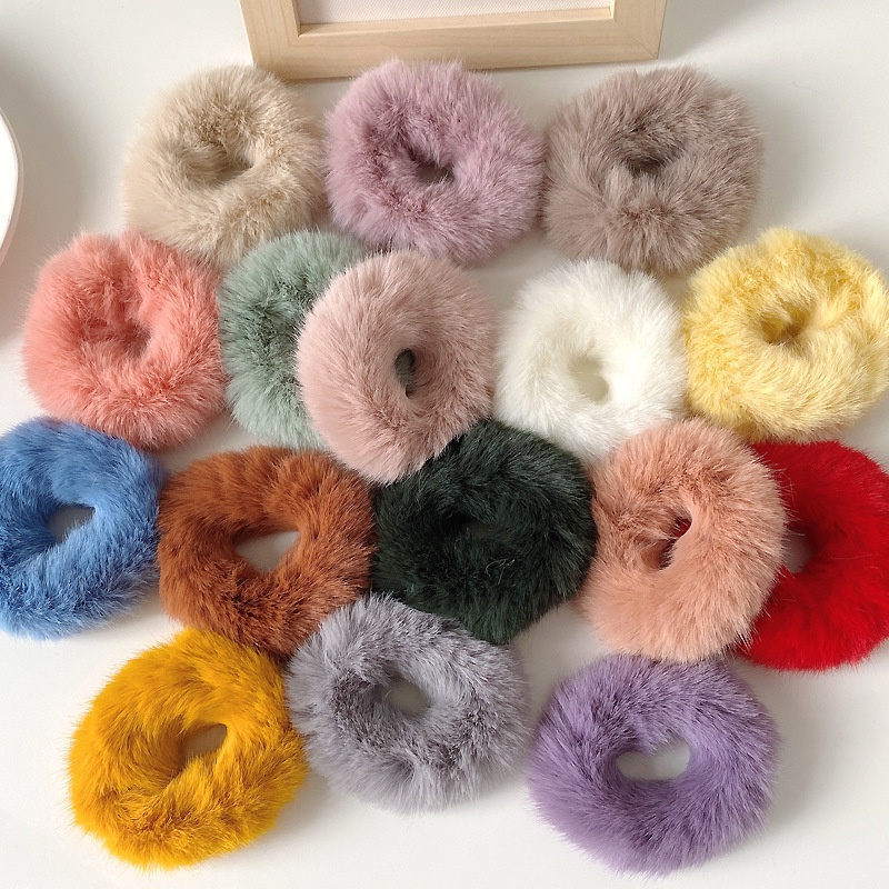Women's Cute Plush Donut Hair Ties Winter Rabbit Fur Scrunchies Solid Color