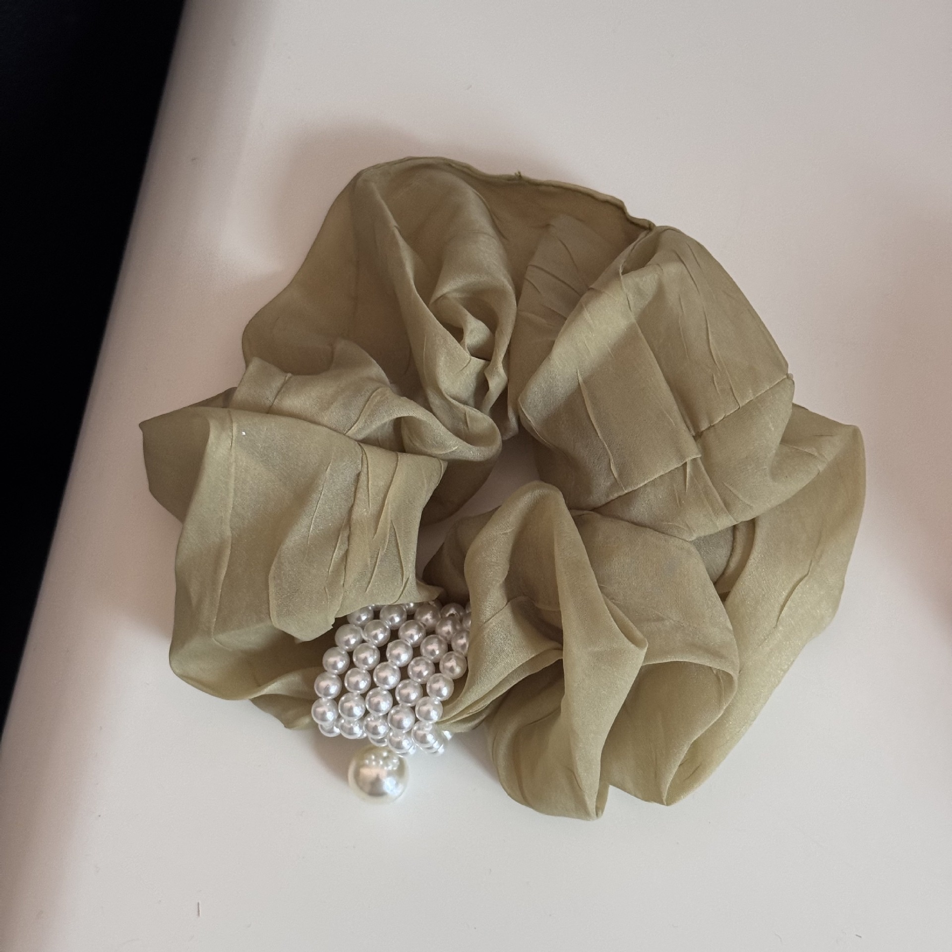 Women's Retro Tulle Pearl Hair Tie Elastic Scrunchie Beige