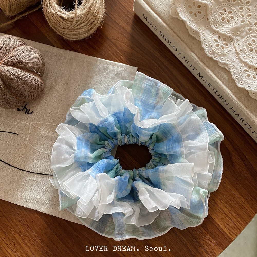 Women's Elegant French Gauze Hair Tie For Autumn Daily Wear Blue Plaid