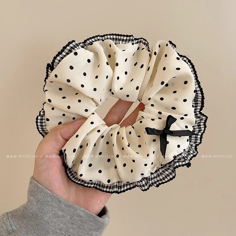 Women Spring Summer Cloth Hair Scrunchie Tie Romantic Polka Dot Lace