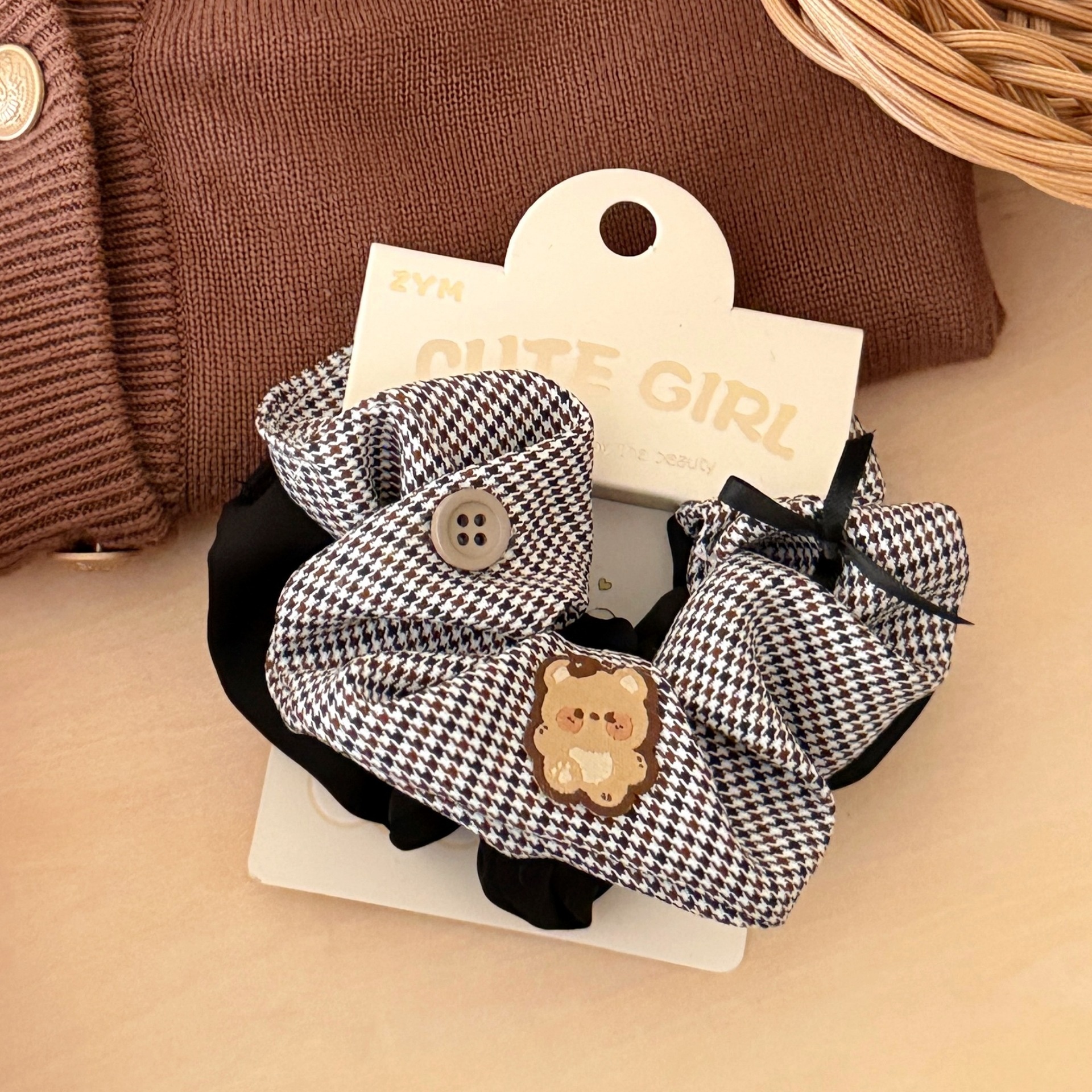 Girls Sweet Cloth Scrunchie Long Ribbon Bow Red Cherry Pattern