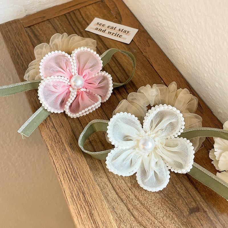 Women's Summer Mesh Pearl Bowknot Hair Tie Sweet Pink White Floral