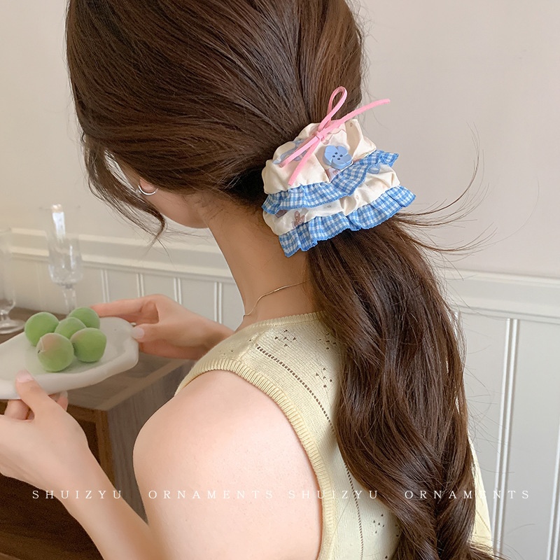 Women's Handmade Spring Ponytail Hair Scrunchie Checkered Fabric