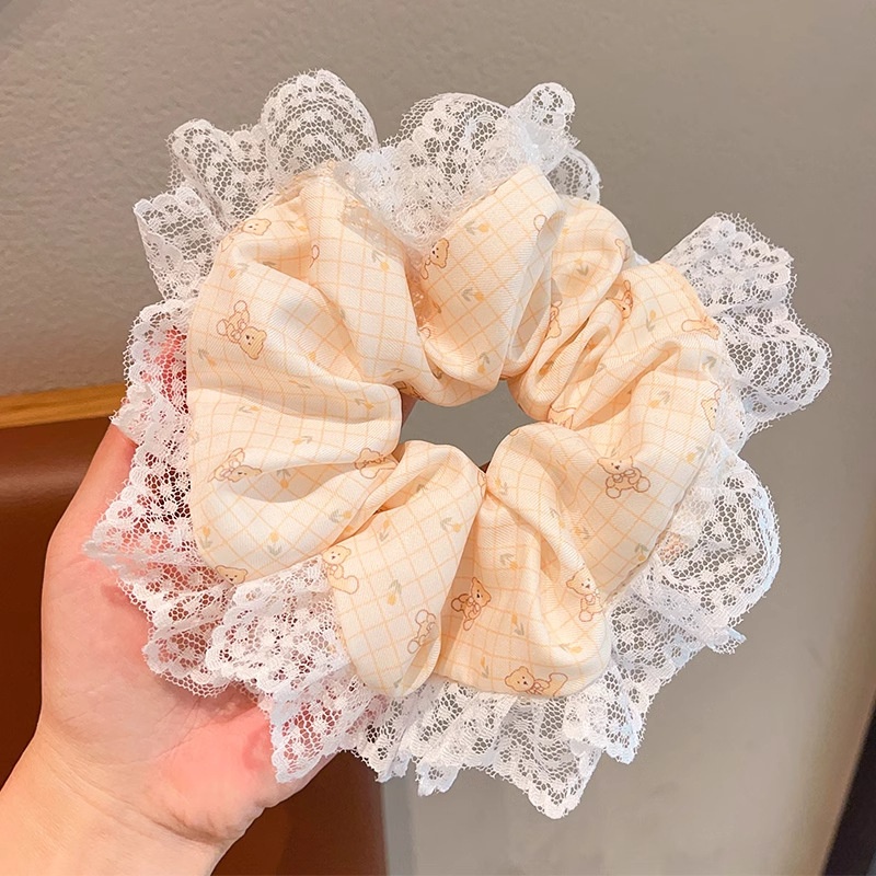 Women Spring Summer Cloth Hair Scrunchie Tie Romantic Polka Dot Lace