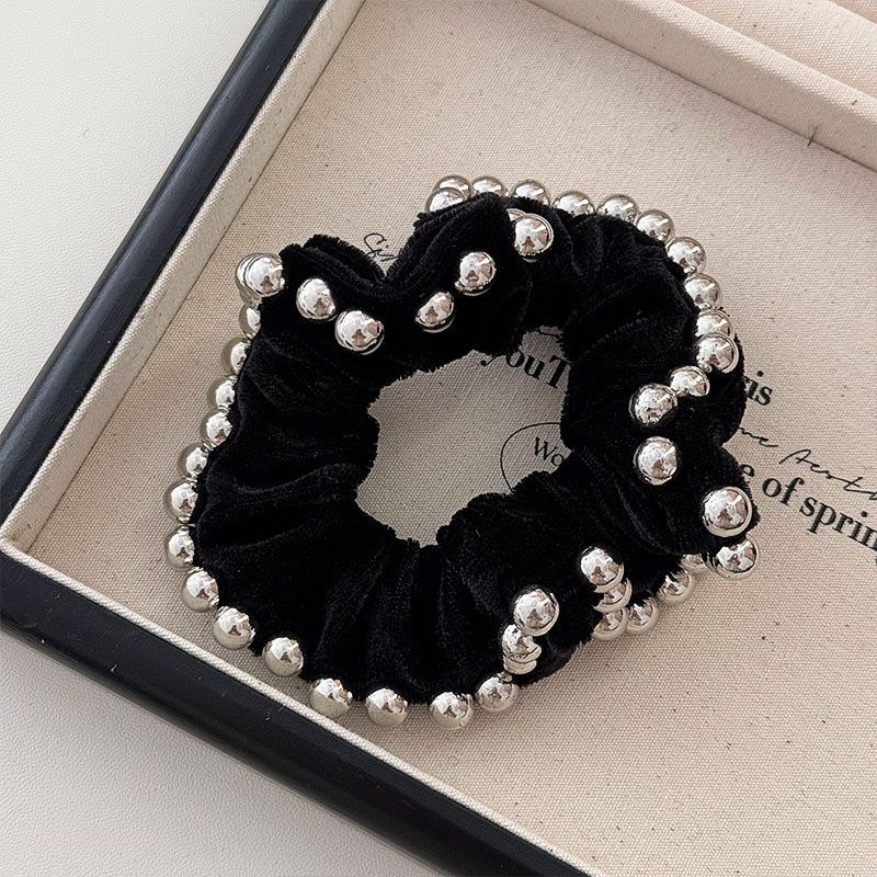 Women French Velvet Hair Scrunchie With Pearl Bow Knot Black