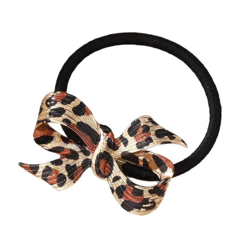 Women's High Elastic Bowknot Alloy Pendant Hair Tie Vintage Leopard Print