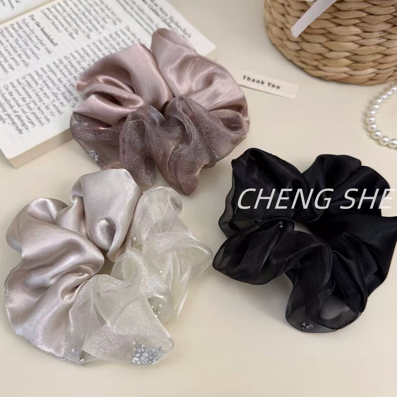 Women's Everyday Satin Gauze Scrunchie Hair Tie Beige Patchwork