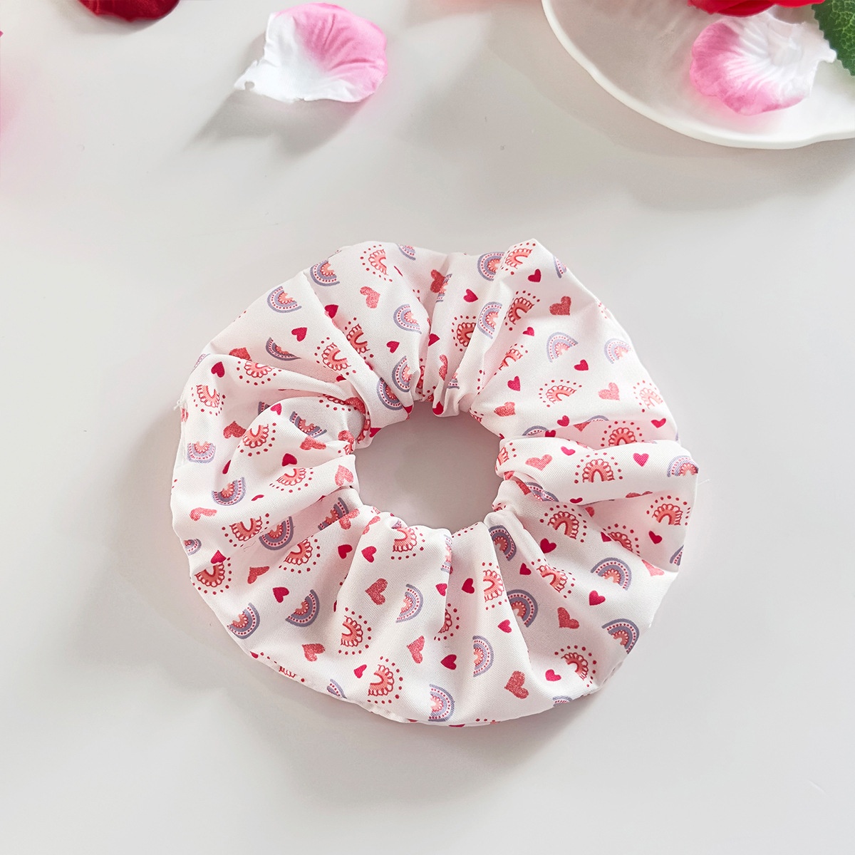 Women's Cloth Elastic Ponytail Hair Tie Red Pink Heart Lip Print
