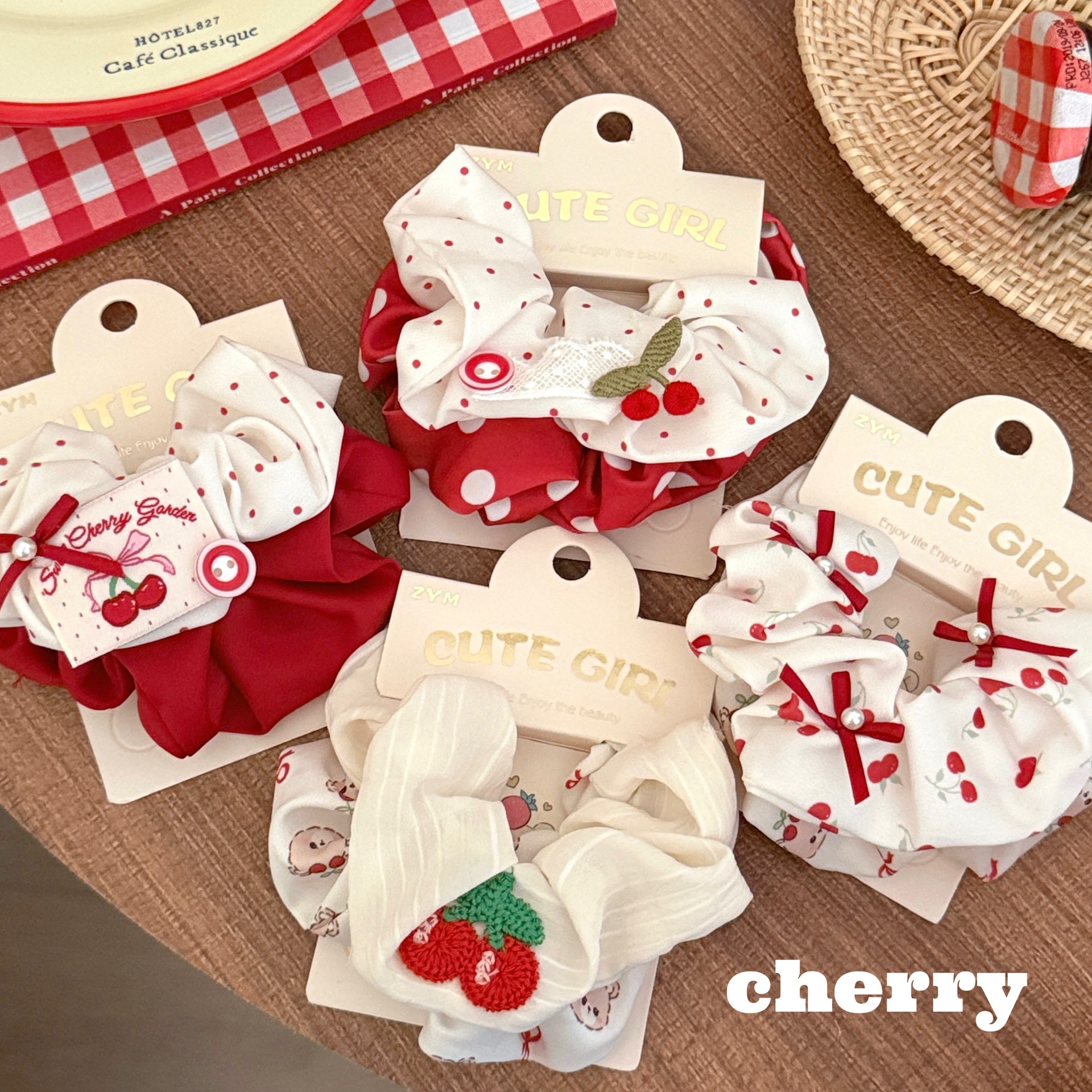 Girls Sweet Cloth Scrunchie Long Ribbon Bow Red Cherry Pattern