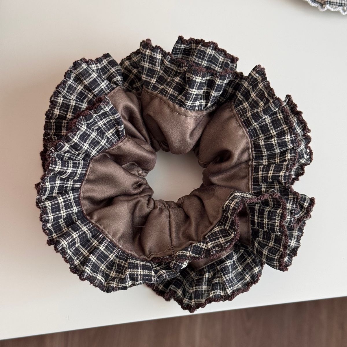 Women's Preppy Cloth Hair Tie For Daily Styling Coffee Grey Plaid