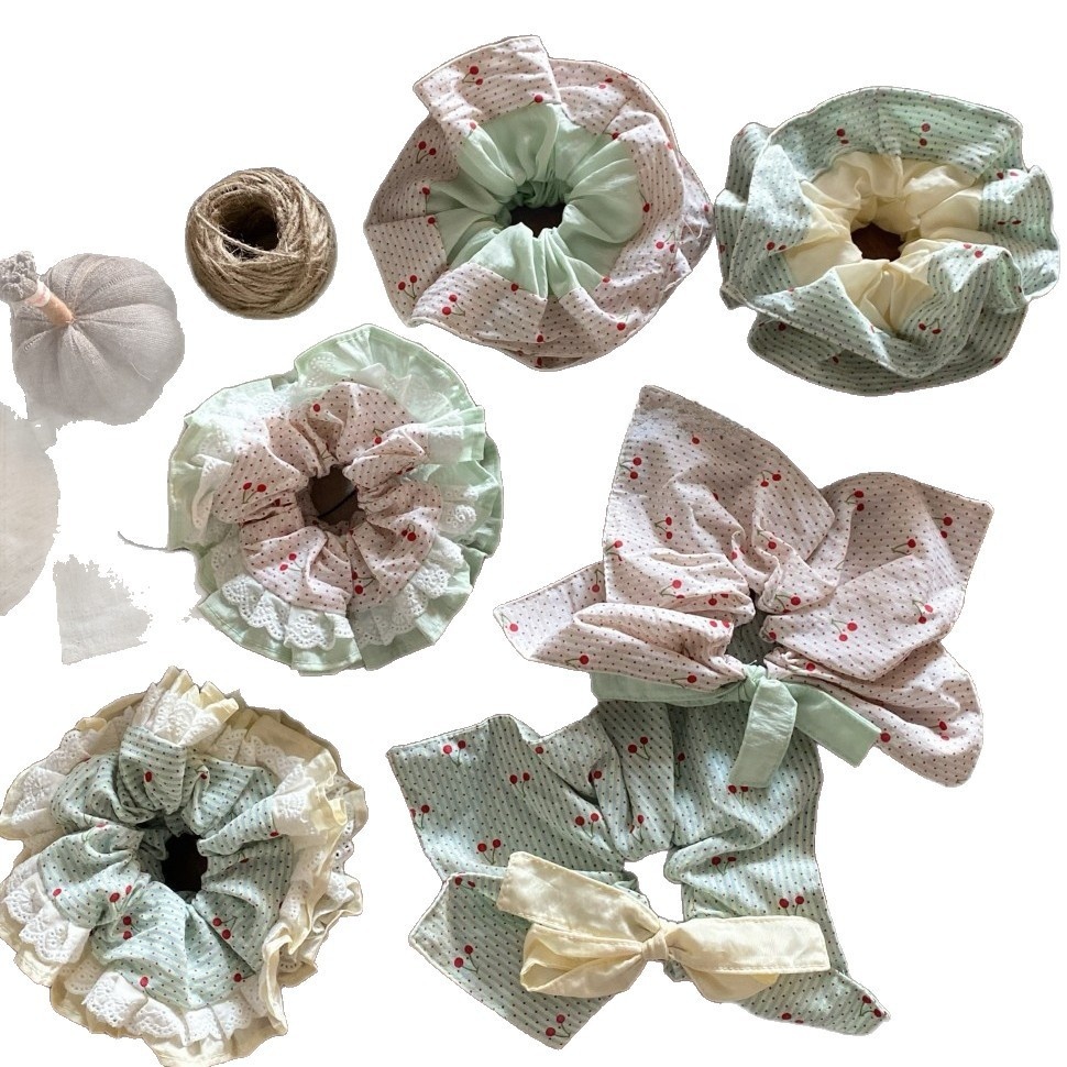 Women's Cloth Telephone Cord Hair Tie for Spring Summer Cherry Bow Knot