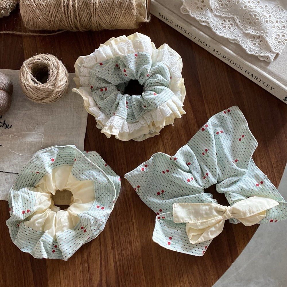 Women's Cloth Telephone Cord Hair Tie for Spring Summer Cherry Bow Knot