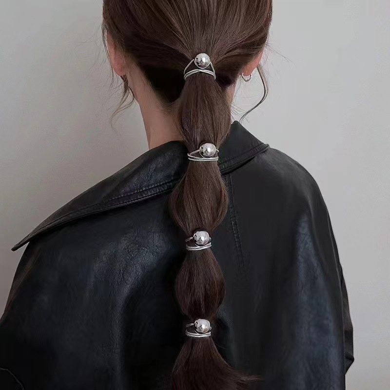 Women's Vintage Acrylic Ponytail Hair Ties Gold And Silver Round Bead