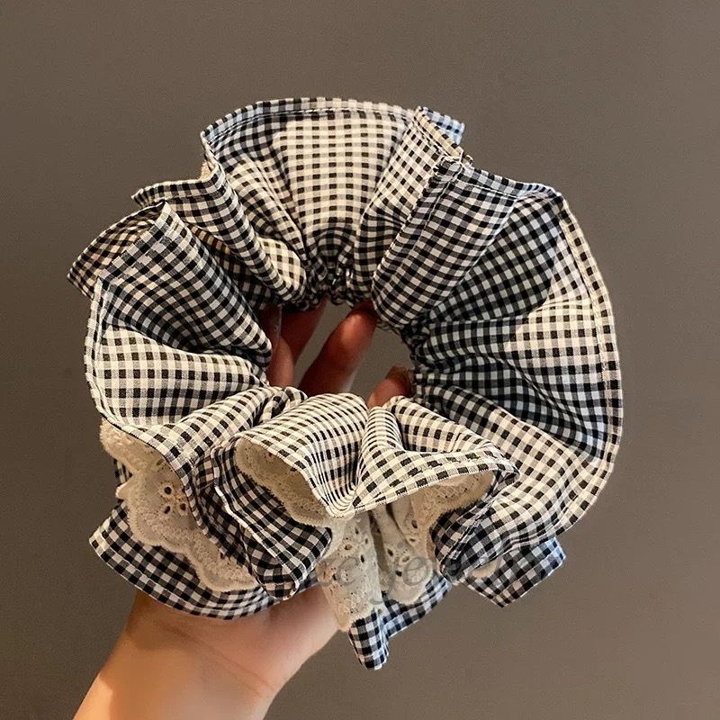 Women Spring Summer Cloth Hair Scrunchie Tie Romantic Polka Dot Lace