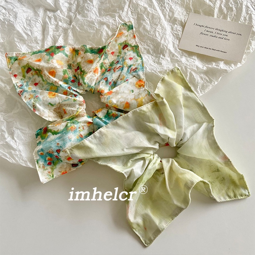 Women's Vintage Cloth Scarf Hair Tie Accessory Green Painted Flower