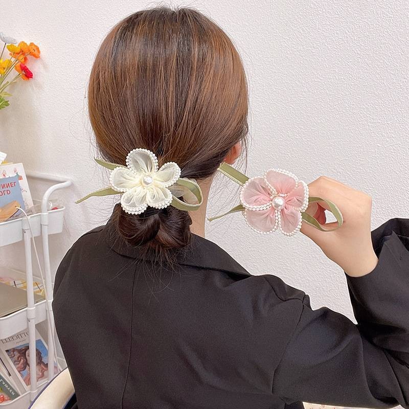 Women's Summer Mesh Pearl Bowknot Hair Tie Sweet Pink White Floral